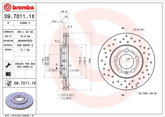 Perforated and vented high-carbon brake disc in grey with detailed dimensions, featuring a circular design and bolt holes, labeled with Brembo branding and part number 09.7011.1X.