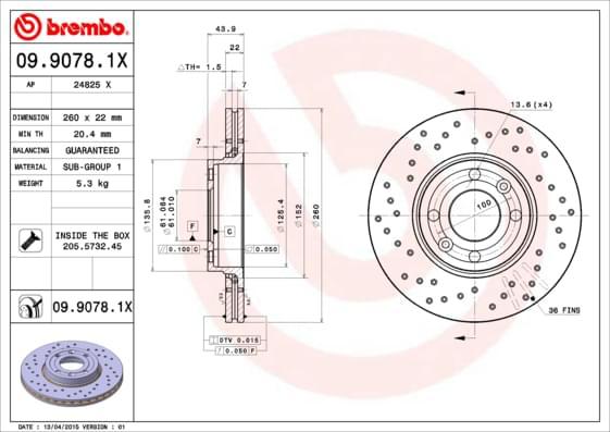 Perforated and vented high-carbon brake disc in grey, featuring a detailed technical drawing with dimensions and specifications, including bolts and screws.