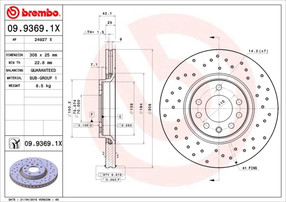 Perforated and vented high-carbon brake disc in a technical drawing format, showcasing dimensions, material details, and Brembo branding.