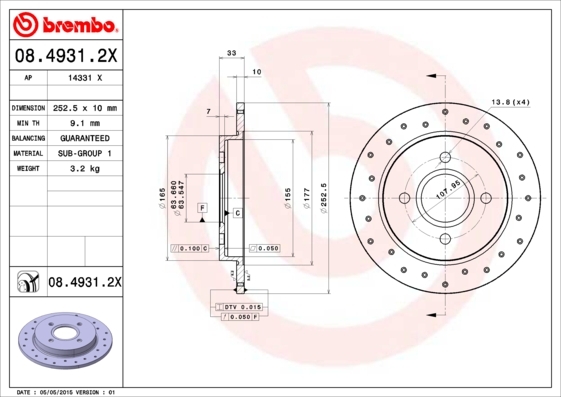 Perforated, coated brake disc in grey with dimensions 252.5 x 10 mm, featuring multiple holes for enhanced performance, and weighing 3.2 kg.