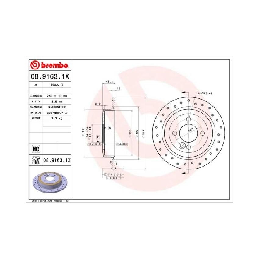 Brembo Brake Rotor features a circular design with multiple ventilation holes, detailed dimensions, and a prominent red Brembo logo in the top left corner.