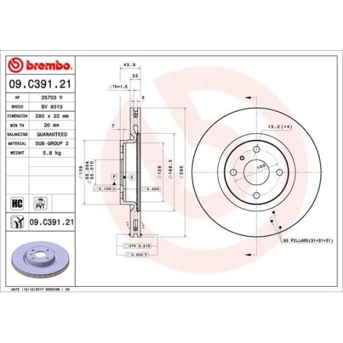 BREMBO 09.C391.21 brake disc features a high-carbon, UV-coated surface, internally vented design, and precise dimensions with a weight of 5.8 kg, ideal for enhanced braking performance.