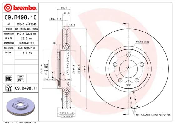 BREMBO 09.B498.11 brake disc featuring a UV-coated, internally vented design, high-carbon material, and precise dimensions for optimal performance.