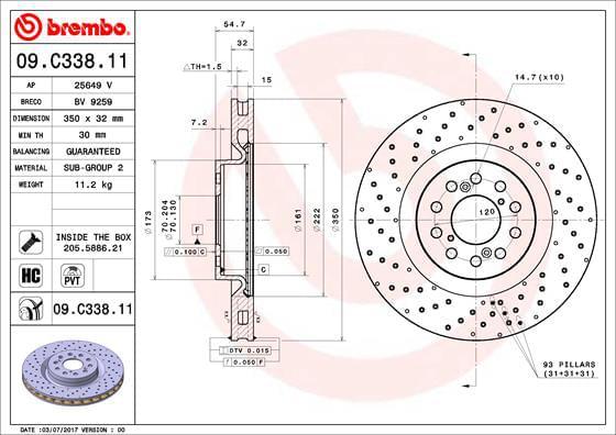 BREMBO 09.C338.11 brake disc features a perforated and vented design, high-carbon material, coated surface, and includes bolts/screws, with detailed dimensions and specifications.