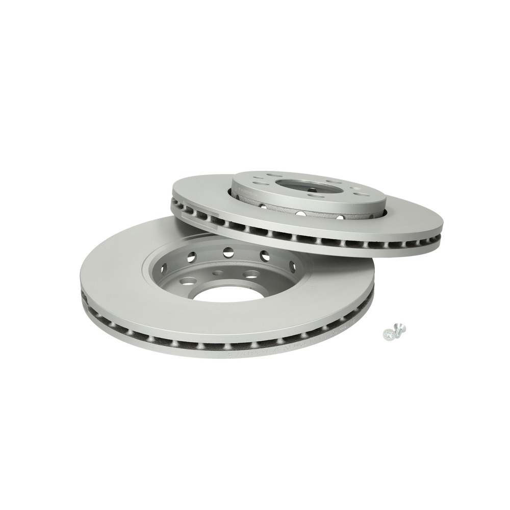 Two silver brake discs with an internally vented design, featuring a high-carbon material and UV coating, accompanied by bolts and screws.