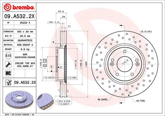 BREMBO 09.A532.2X brake disc, high-carbon, coated, featuring perforated and vented design, with dimensions of 300 x 28 mm, includes bolts/screws.