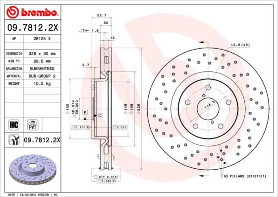 Perforated and vented high-carbon brake disc with a coated surface, featuring detailed dimensions and specifications, primarily in a metallic grey color.