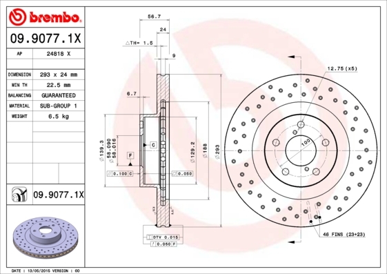 Perforated and vented brake disc in a metallic finish, featuring detailed specifications including dimensions and weight, with Brembo branding prominently displayed.
