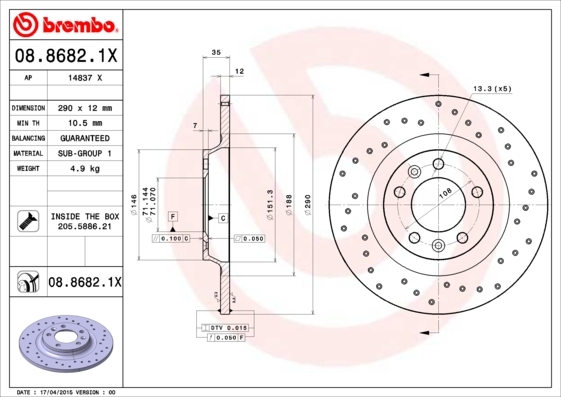 Perforated brake disc in grey with a coated finish, featuring bolt holes, dimensions of 290mm diameter and 12mm thickness, labeled with Brembo branding and product details.