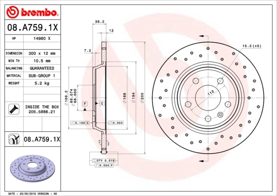 Perforated and coated Brembo brake disc, model 08.A759.1X, featuring a silver metallic finish, with detailed dimensions and weight specifications displayed.