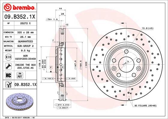 BREMBO 09.B352.1X brake disc features a high-carbon, coated surface, perforated and vented design, with dimensions of 320 x 28 mm, and includes bolts/screws.