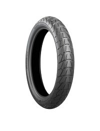 Bridgestone AX 41S F motorcycle tire, 120/70 R19 size, featuring a black rubber surface with a tread pattern designed for all-season performance and marked with M+S for mud and snow.
