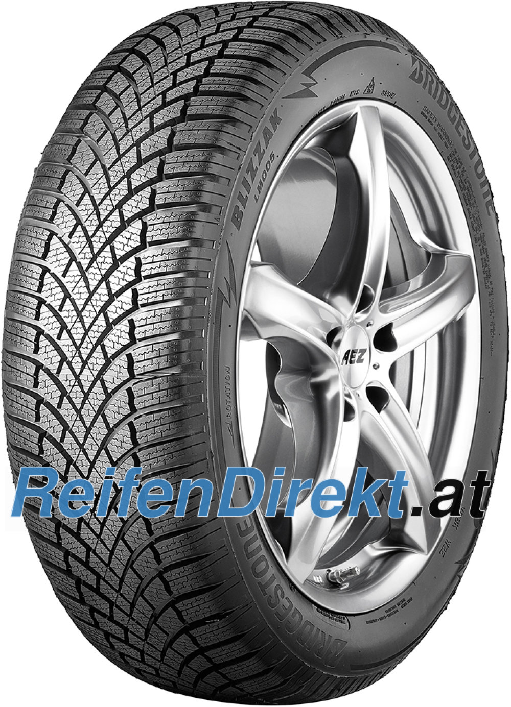 Bridgestone Blizzak LM005 AO B-Seal VW tire with a detailed tread pattern, featuring a black rubber surface and marked with "Blizzak" and "Bridgestone" logos, mounted on a silver alloy wheel.