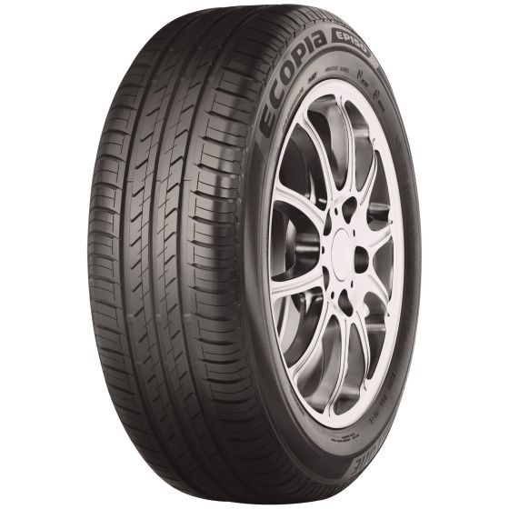 Bridgestone Ecopia EP150 tire in size 175/65 R15 84H, featuring a sleek black rubber tread with a modern, silver alloy wheel design.