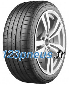 Black high-performance tire with a sleek tread pattern, labeled "Bridgestone Potenza S005 RFT 255/35 ZR20 (93Y) Runflat," mounted on a silver alloy wheel.