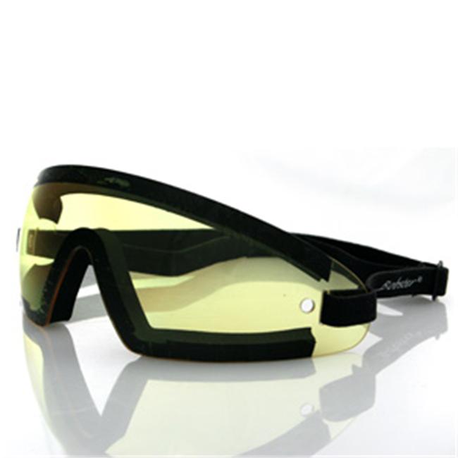 Black-framed Bobster Wrap Around Goggles with yellow lenses, featuring a sleek design and adjustable strap for a secure fit.
