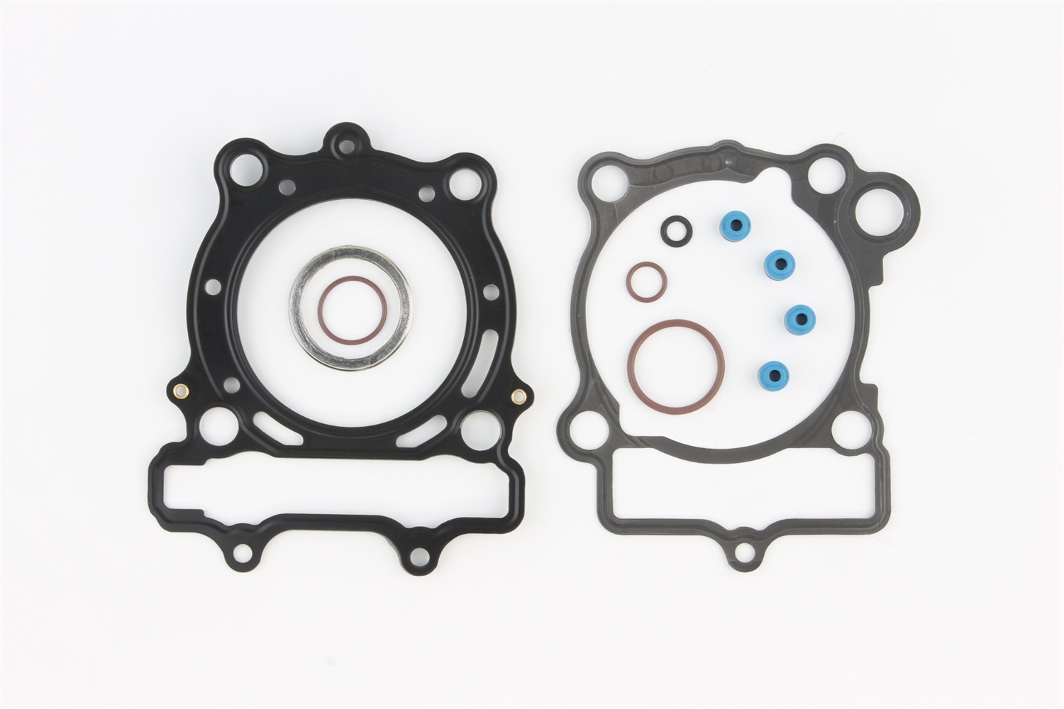 Black rubber gaskets with multiple holes and blue, red, and brown O-rings, designed for top-end engine replacement, featuring a circular and rectangular shape.