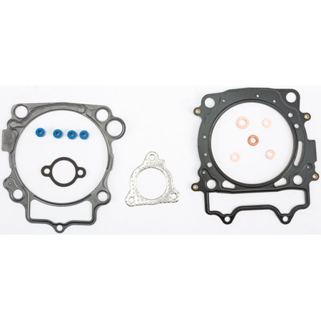 Cometic Gaskets C3630 set includes two gaskets: a black rubber-like material with circular cutouts and a silver metal gasket, accompanied by blue and orange sealing rings.