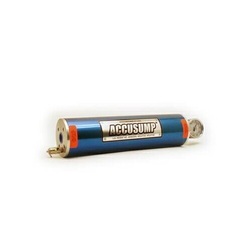 Canton Accusump 1 Qt No Valve, featuring a shiny blue aluminum body, a silver end cap, and a pressure gauge on one side, designed for oil accumulation in automotive applications.