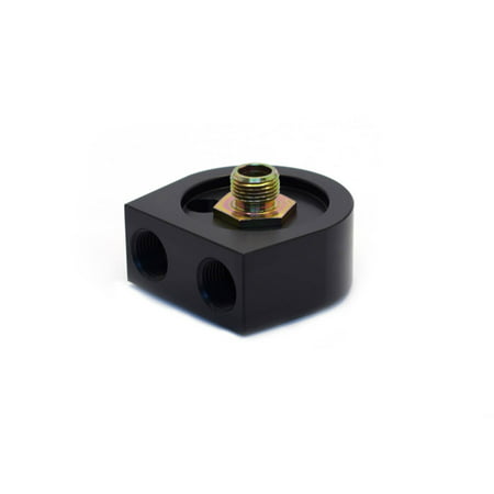 Canton Racing 22-548 aluminum oil cooler adapter in black, featuring a sandwich style design with two threaded openings and a central brass fitting.