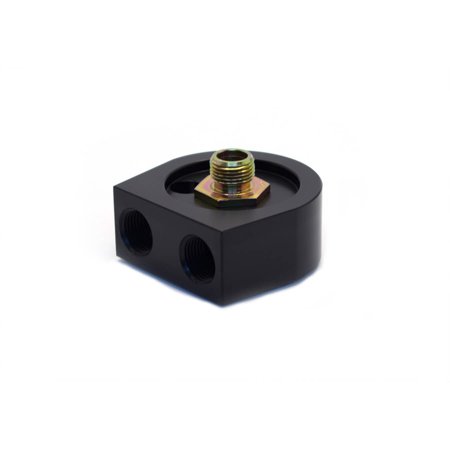 Black aluminum oil cooler adapter with a rounded shape, featuring two threaded openings and a central brass fitting, designed for universal sandwich style applications.