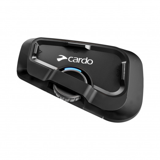 Black Cardo Freecom 2x Communication System Single Pack featuring a sleek design, a central control dial, and a blue LED indicator for connectivity.