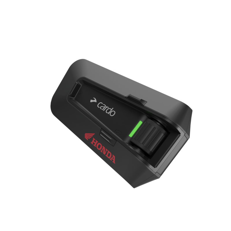 Black Bluetooth intercom system with a sleek design, featuring a green indicator light and embossed Honda logo, designed for seamless communication.