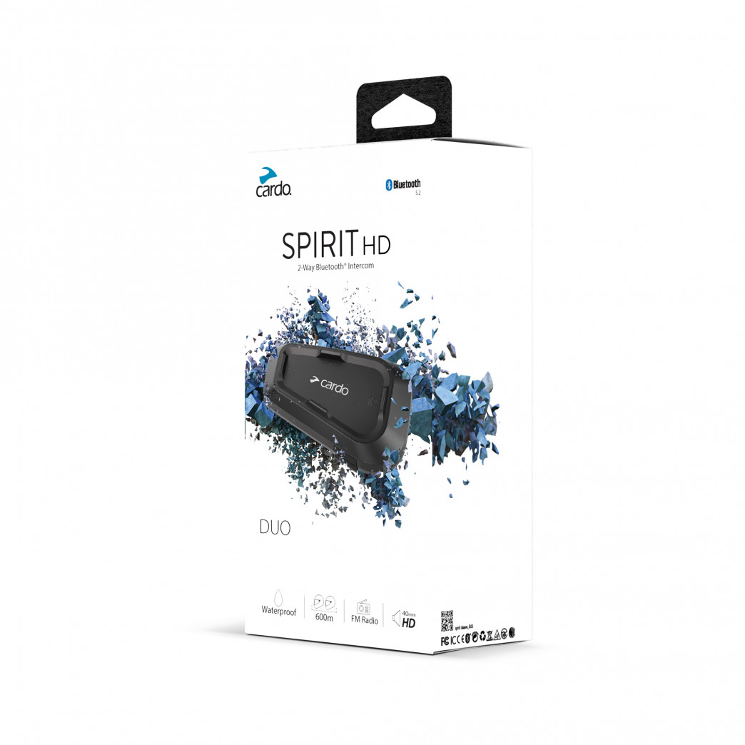 Black Cardo Spirit HD Duo Communication System packaging featuring a sleek design, Bluetooth connectivity, waterproof capability, and vibrant blue graphics on a white background.