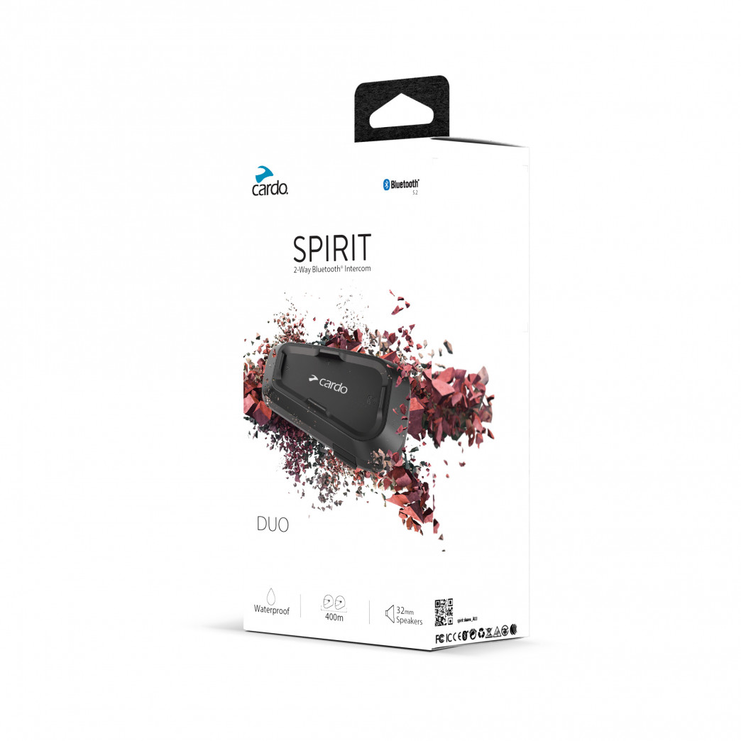 Black Cardo Spirit Duo Communication System double pack, featuring a sleek design, waterproof material, and Bluetooth connectivity, showcased in a vibrant, colorful packaging.