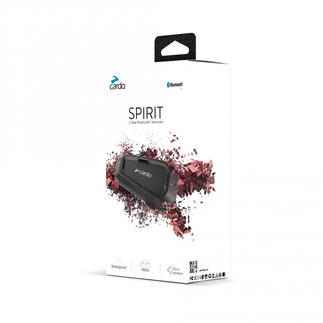 Black Cardo Spirit Communication System packaging, featuring a sleek design with Bluetooth connectivity, waterproof label, and vibrant graphic elements in red and pink.