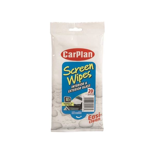 CarPlan Screen Wipes package featuring a blue and white design, labeled for interior and exterior glass cleaning, containing 25 wipes, with a clear plastic wrapper and easy-open top.