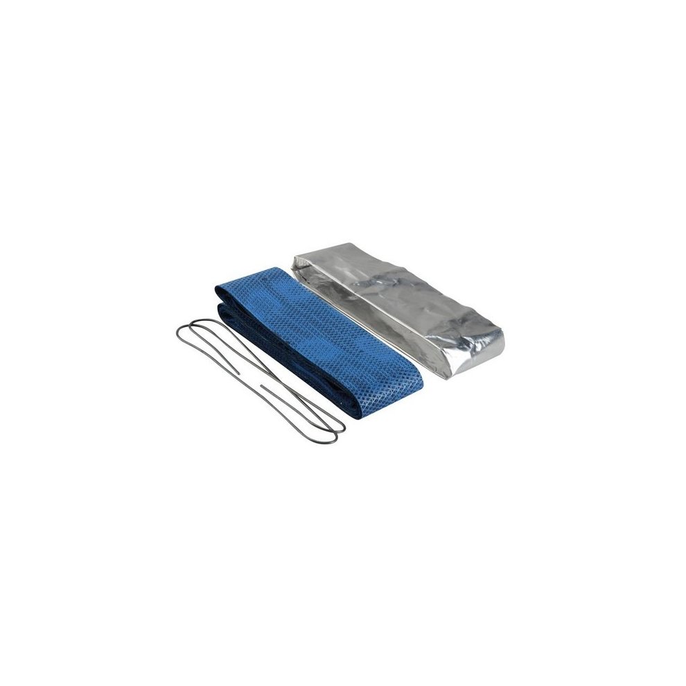 CarPlan MSB111 Exhaust Repair Bandage features a blue woven fabric bandage, a silver foil wrap, and a metal wire for securing, designed for quick exhaust repairs.