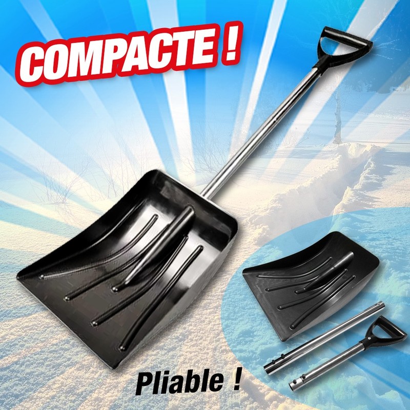 Black foldable snow shovel with a metal handle, designed to collapse into four pieces for easy storage, featuring a wide, curved blade for efficient snow removal.