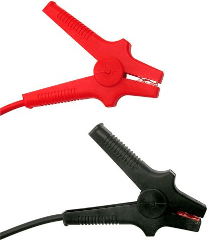 Red and black jumper cables with sturdy plastic clamps, featuring a textured grip for easy handling and designed for overvoltage protection.