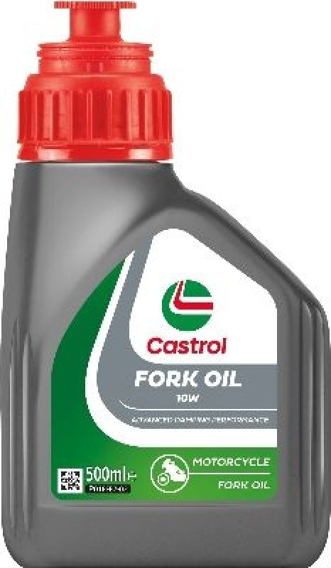 Gray plastic bottle with a red cap, labeled "Castrol Fork Oil 10W," featuring a green and white design, indicating it's a 500ml mineral oil for motorcycle forks.