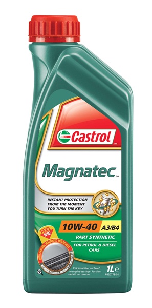 Green and red plastic bottle of Castrol Magnatec Engine Oil, 4L, featuring a prominent label with "10W-40" and "Part Synthetic" text, designed for petrol and diesel cars.