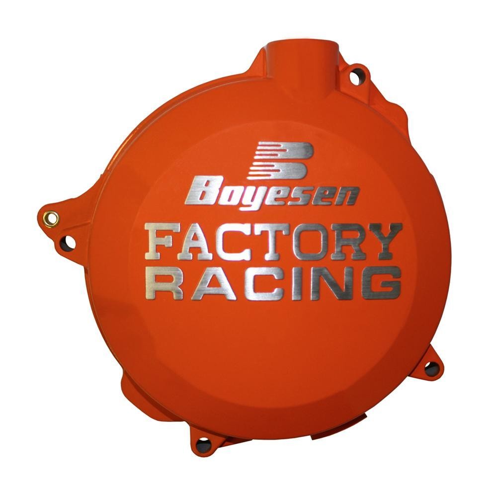 Bright orange Boyesen clutch cover with a polished silver "FACTORY RACING" logo, designed for KTM SX250, SXF 250/350/450 (2023-2025) and EXC/EXC-F 250-501 (2024-2025).