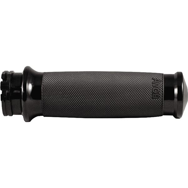 Black custom contour grip with a textured surface and a spike end, designed for cable throttle applications by Avon Grips.