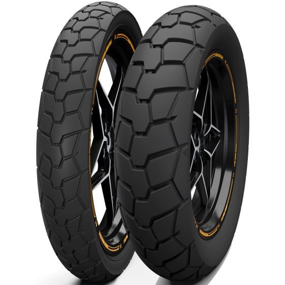 Black motorcycle tyre with a rugged tread pattern, featuring a 140/80 17 size and 69H load rating, highlighted by an orange stripe on the rim.
