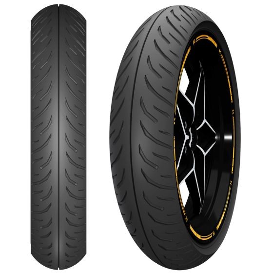 Ceat Zoom Plus motorcycle tyre in black rubber, size 100/90 19 (57P) TT, featuring a sleek tread pattern and a distinctive yellow accent on the sidewall.
