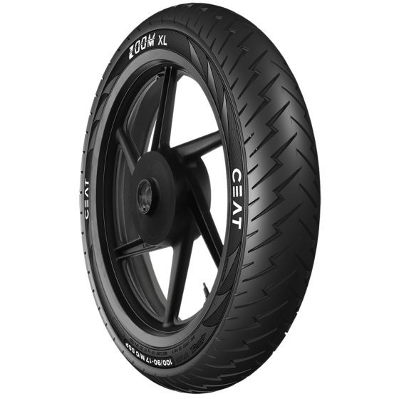 Black motorcycle tyre with a sleek design, featuring a zigzag tread pattern, marked "CEAT Zoom XL" and specifications "140/70 17 (66P) TL" on the sidewall.