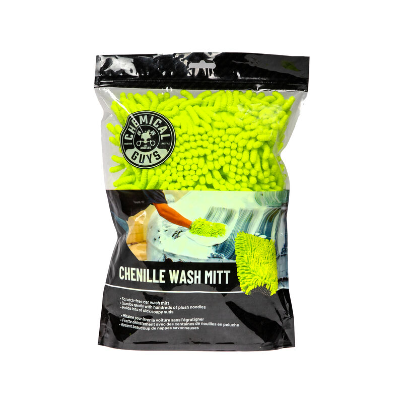 Bright green chenille microfiber wash mitt in a clear bag, featuring plush noodles for scratch-free cleaning, ideal for washing cars without damaging surfaces.