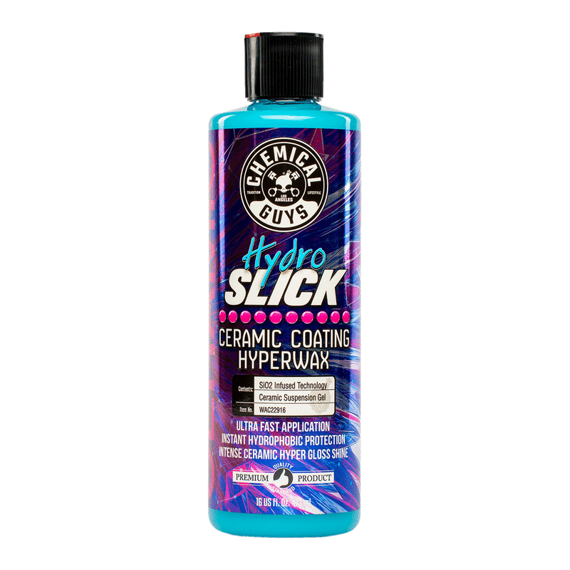 Bright blue and purple bottle of Chemical Guys Hydroslick Intense Gloss S102 Ceramic Coating Hyperwax, featuring a sleek design and bold text highlighting its hydrophobic protection.