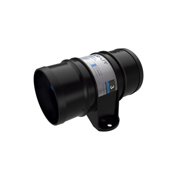 Black 3-inch (75mm) diameter blower fan from ChillOut Motorsports, featuring a sturdy design with a mounting bracket and a label indicating its specifications.