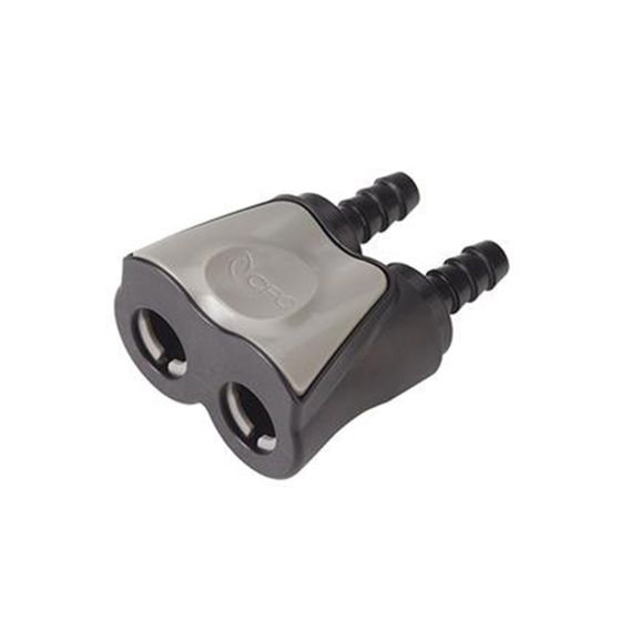 Dual prong cooling shirt connector in black and gray, featuring two hose openings for easy attachment, made from durable plastic for optimal performance in motorsports.