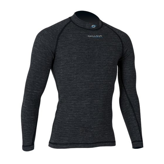 Charcoal long-sleeve top made from flame-resistant material, featuring a fitted design and a round neckline, size XS, with ChillOut Motorsports logo on the chest.