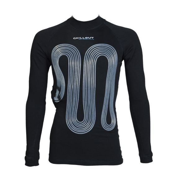 Black long-sleeve cooling shirt featuring a silver spiral design, made from breathable material, FIA/SFI approved, and available in size XS by ChillOut Motorsports.