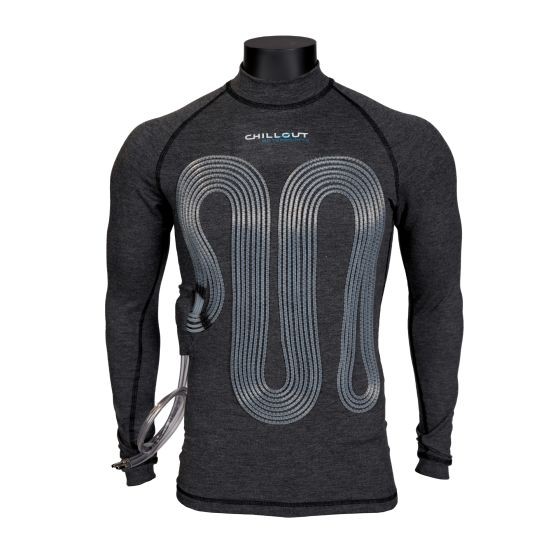 Charcoal long-sleeve cooling shirt by ChillOut Motorsports, featuring a unique cooling tube design, made from breathable material, and FIA/SFI approved, size S.