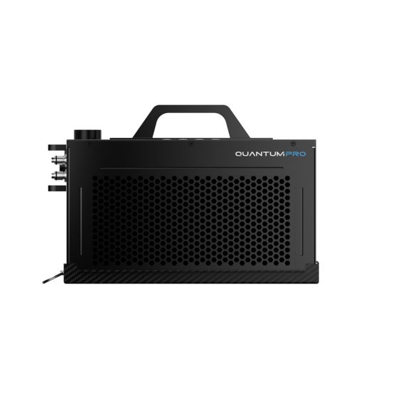 ChillOut Motorsports Quantum Pro Cooler features a sleek black design with a perforated front, a sturdy handle, and multiple connection ports for efficient cooling.