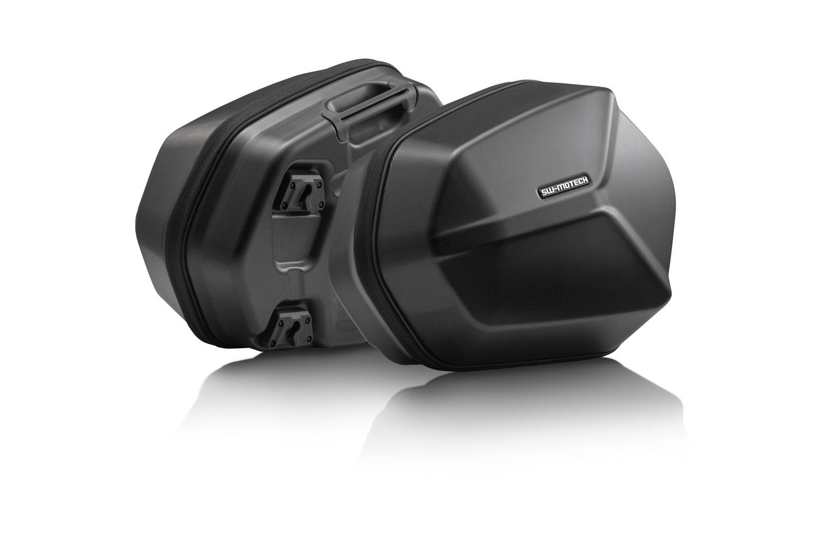 Black SW-Motech AERO ABS Side Case Set featuring two 25L hard cases made of durable ABS plastic with a sleek, angular design and secure locking mechanisms.